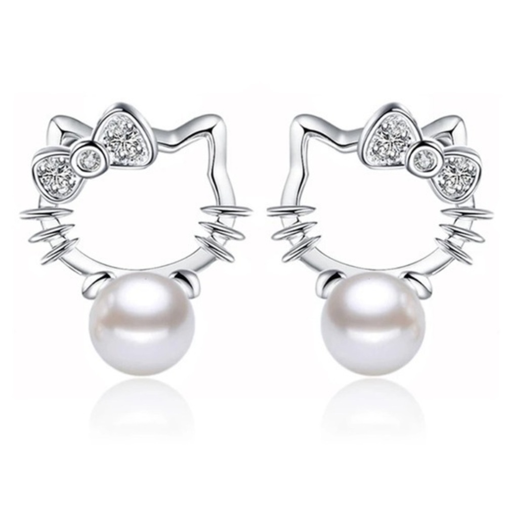 925 Silver Hello Kitty Pearl CZ Earrings